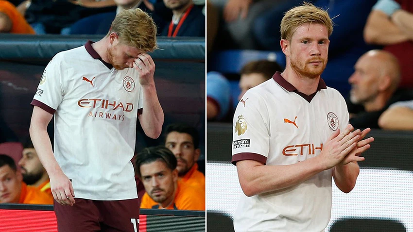 De Bruyne buồn bã khi rời sân. ẢNH: MIRROR