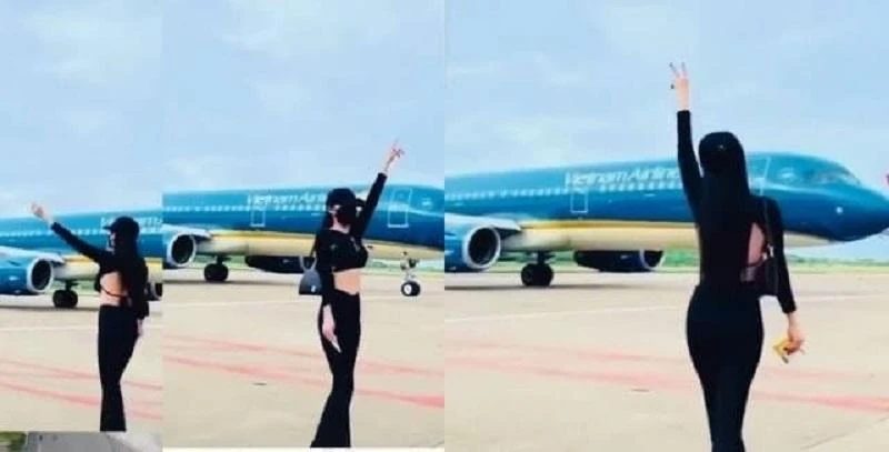 Nữ hành khách nhún nhảy quay Tiktok tại sân bay Phú Quốc. Ảnh cắt từ clip Nữ hành khách nhún nhảy quay Tiktok tại sân bay Phú Quốc. Ảnh cắt từ clip
