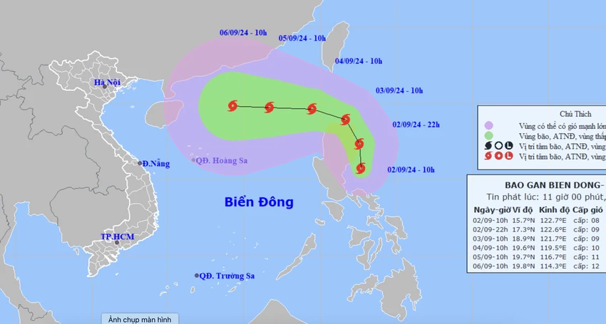 Dự báo vị trí và đường đi của cơn bão YAGI. Ảnh: KTTVQG