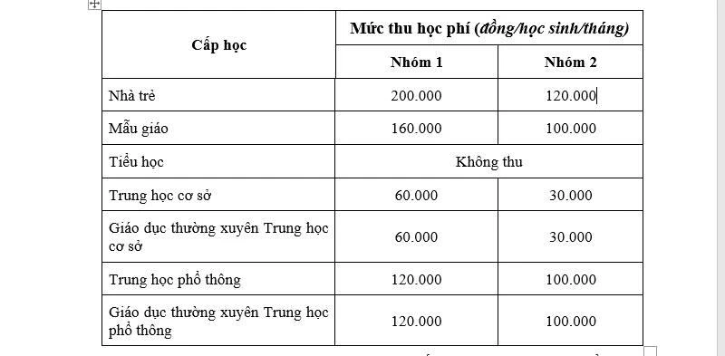 Mức thu học phí áp dụng từ năm học 2022-2023. Ảnh chụp màn hình