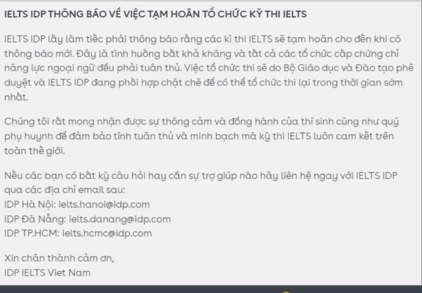 Thông báo tạm hoãn tổ chức thi IELTS của IDP. Ảnh: Chụp màn hình Thông báo tạm hoãn tổ chức thi IELTS của IDP. Ảnh: Chụp màn hình