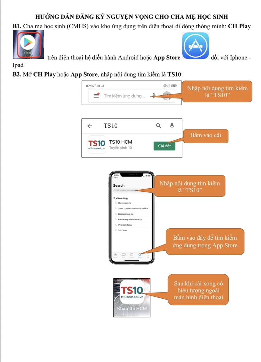 Sở GD&ĐT TP.HCM hướng dẫn cách cài app để đăng ký nguyện vọng vào lớp 10. Ảnh: TC Sở GD&ĐT TP.HCM hướng dẫn cách cài app để đăng ký nguyện vọng vào lớp 10. Ảnh: TC