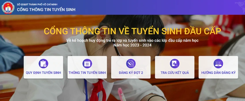 Năm học 2023-2024, TP.HCM tuyển sinh trực tuyến 100%. Trong ảnh là cổng thông tin về tuyển sinh đầu cấp của TP.HCM. Ảnh: CHỤP MÀN HÌNH Năm học 2023-2024, TP.HCM tuyển sinh trực tuyến 100%. Trong ảnh là cổng thông tin về tuyển sinh đầu cấp của TP.HCM. Ảnh: CHỤP MÀN HÌNH