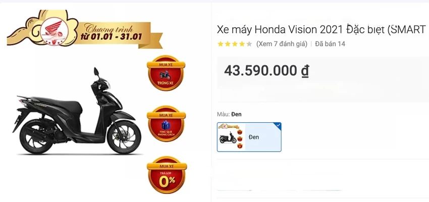 Một đại lý bán ra chiếc Honda Vision bản đặc biệt với giá 43,59 triệu đồng. (Ảnh cắt từ trang thương mại điện tử của một đại lý) Một đại lý bán ra chiếc Honda Vision bản đặc biệt với giá 43,59 triệu đồng. (Ảnh cắt từ trang thương mại điện tử của một đại lý)
