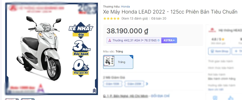 Một số đại lý khu vực TP.HCM bán Honda Lead bản tiêu chuẩn trên mạng chỉ hơn 38 triệu đồng. Một số đại lý khu vực TP.HCM bán Honda Lead bản tiêu chuẩn trên mạng chỉ hơn 38 triệu đồng.