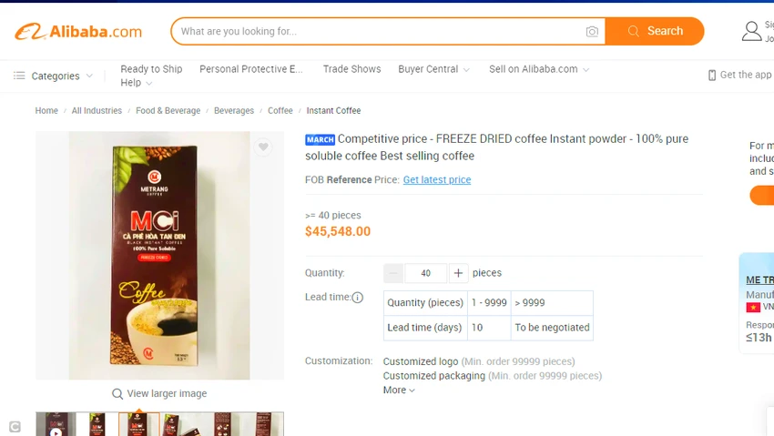 Một thương hiệu cà phê Việt Nam bán trên sàn thương mại điện tử Alibaba. Một thương hiệu cà phê Việt Nam bán trên sàn thương mại điện tử Alibaba.