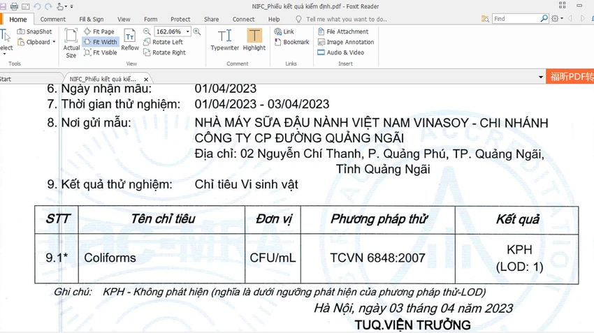 Kết quả từ Viện kiểm nghiệm an toàn vệ sinh thực phẩm quốc gia Kết quả từ Viện kiểm nghiệm an toàn vệ sinh thực phẩm quốc gia