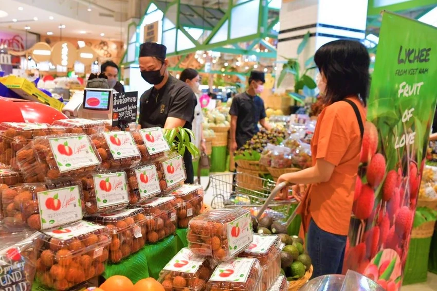 Vải thiều Bắc Giang "phủ " tại các Trung tâm thương mại quy mô nhất Bangkok. ẢNH: Sở Công thương tỉnh Bắc Giang