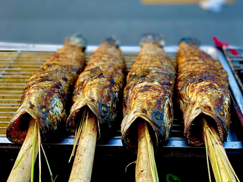 Mùi thơm đến từ các bếp than nướng cá nghi ngút khói. Ảnh: TÚ NGÂN