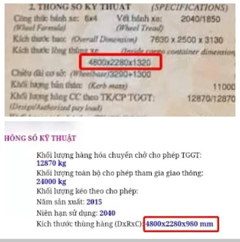 Thông số chiều cao thùng hàng trong sổ đăng kiểm của xe ben 51D-325.89 do Trung tâm Đăng kiểm xe cơ giới 6203D cấp chênh lệch với số liệu lưu hồ sơ của Cục Đăng kiểm Việt Nam là 40 cm. Ảnh: TS Thông số chiều cao thùng hàng trong sổ đăng kiểm của xe ben 51D-325.89 do Trung tâm Đăng kiểm xe cơ giới 6203D cấp chênh lệch với số liệu lưu hồ sơ của Cục Đăng kiểm Việt Nam là 40 cm. Ảnh: TS