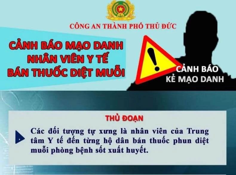 Công an TP Thủ Đức cảnh báo thủ đoạn giả nhân viên y tế để bán thuốc diệt muỗi. Ảnh: TS Công an TP Thủ Đức cảnh báo thủ đoạn giả nhân viên y tế để bán thuốc diệt muỗi. Ảnh: TS