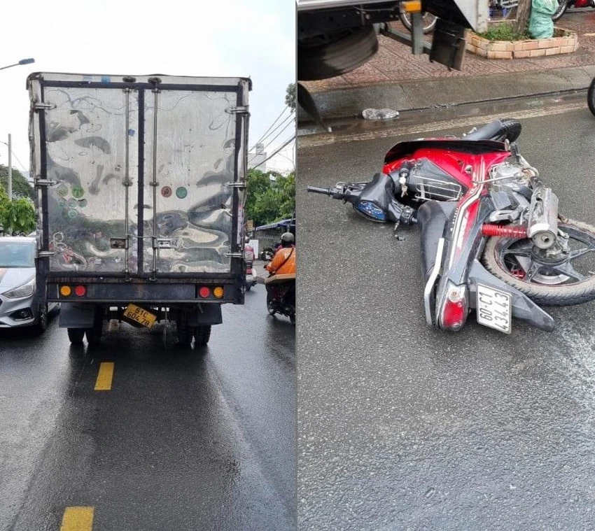 Xe máy và xe tải liên quan trong vụ tai nạn. Ảnh: CM Xe máy và xe tải liên quan trong vụ tai nạn. Ảnh: CM