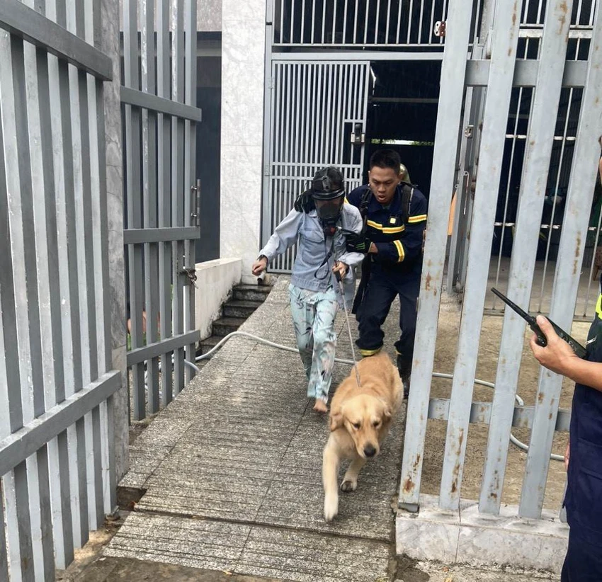 Cảnh sát giải cứu người phụ nữ cùng con chó ra ngoài an toàn. Ảnh: CTV Cảnh sát giải cứu người phụ nữ cùng con chó ra ngoài an toàn. Ảnh: CTV