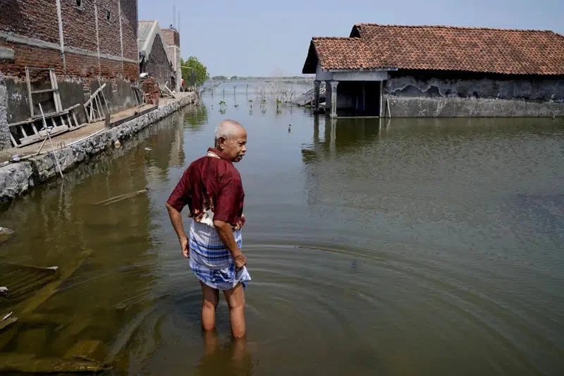 Người dân tại một vùng đất ngập nước ở Timbulsloko, Trung Java (Indonesia). Ảnh: AP