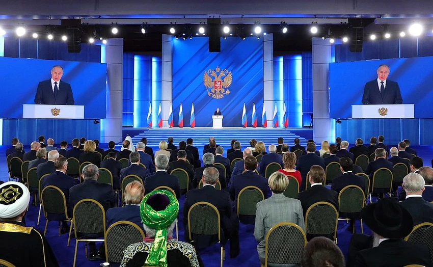 Sự kiện đọc thông điệp liên bang của Tổng thống Nga Vladimir Putin vào năm 2021. Ảnh: ĐIỆN KREMLIN Sự kiện đọc thông điệp liên bang của Tổng thống Nga Vladimir Putin vào năm 2021. Ảnh: ĐIỆN KREMLIN
