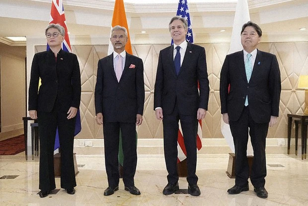Từ trái sang, Ngoại trưởng Úc Penny Wong, Ngoại trưởng Ấn Độ Subrahmanyam Jaishankar, Ngoại trưởng Mỹ Antony Blinken và Ngoại trưởng Nhật Yoshimasa Hayashi tại cuộc họp ở New Delhi (Ấn Độ) 3-3. Ảnh: KYODO