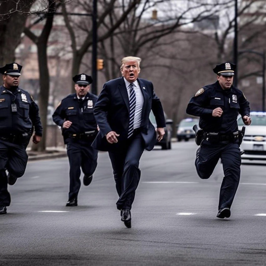 Một bức ảnh giả do AI tạo ra, mô tả cảnh cựu Tổng thống Mỹ Donald Trump bị cảnh sát truy đuổi. Ảnh: THE TIMES Một bức ảnh giả do AI tạo ra, mô tả cảnh cựu Tổng thống Mỹ Donald Trump bị cảnh sát truy đuổi. Ảnh: THE TIMES