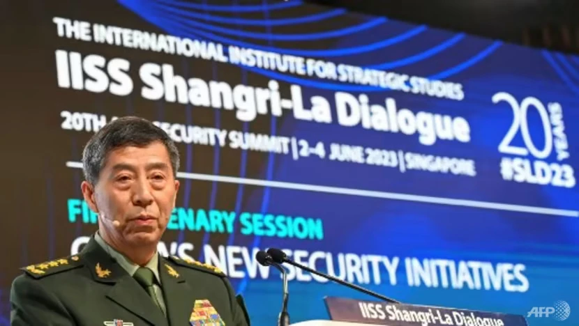 Bộ trưởng Quốc phòng Trung Quốc Lý Thượng Phúc phát biểu tại Đối thoại Shangri-La 2023 hôm 4-6. Ảnh: AFP Bộ trưởng Quốc phòng Trung Quốc Lý Thượng Phúc phát biểu tại Đối thoại Shangri-La 2023 hôm 4-6. Ảnh: AFP