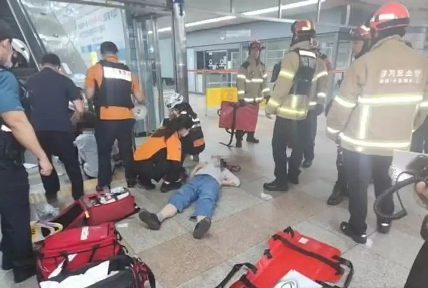 Hiện trường vụ tai nạn tại ga Sunae (quận Bundang, TP Seongnam, Hàn Quốc) hôm 8-6. Ảnh: YONHAP