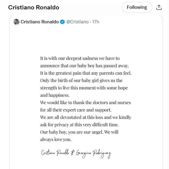 Thông báo của Ronaldo về nỗi đau mất con Thông báo của Ronaldo về nỗi đau mất con