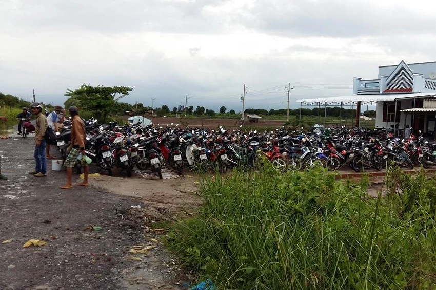 Bãi giữ xe máy cho những người đi bắt nghêu ven biển thuộc huyện Hòa Bình, tỉnh Bạc Liêu. Ảnh: TRẦN VŨ