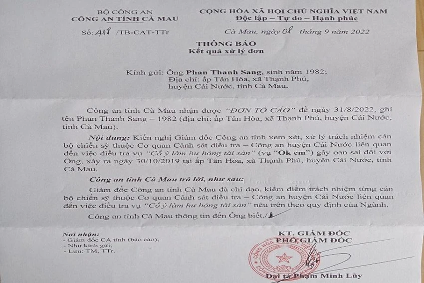 Thông báo của Công an tỉnh Cà Mau ngày 8-9-2022.