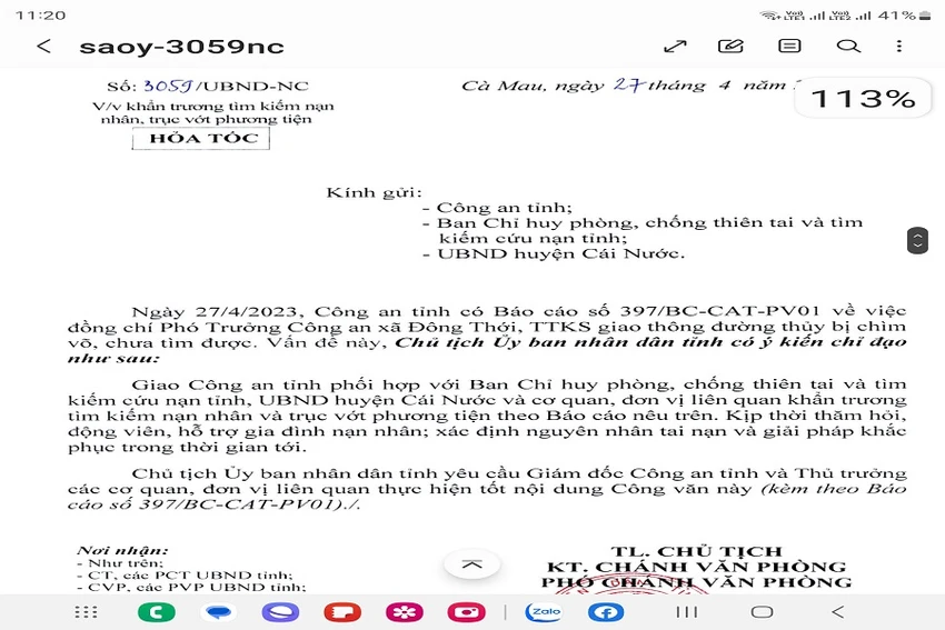 Công văn hoả tốc của Chủ tịch tỉnh Cà Mau chỉ đạo tìm kiếm Thiếu tá Nguyện. Ảnh: TRẦN VŨ Công văn hoả tốc của Chủ tịch tỉnh Cà Mau chỉ đạo tìm kiếm Thiếu tá Nguyện. Ảnh: TRẦN VŨ