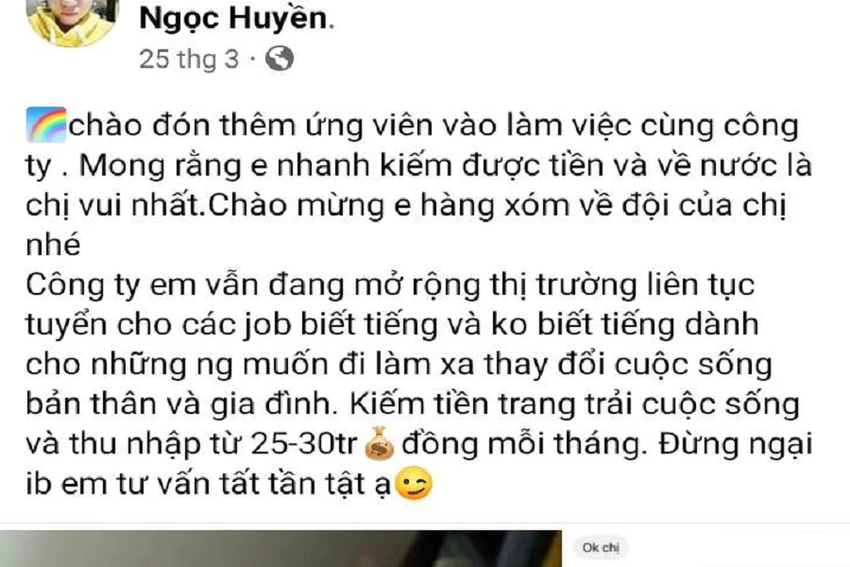 Khi Khang đồng ý đi làm việc tại Philippines, người mời gọi đã đăng bài viết này trên trang cá nhân của mình. Ảnh: TRẦN VŨ Khi Khang đồng ý đi làm việc tại Philippines, người mời gọi đã đăng bài viết này trên trang cá nhân của mình. Ảnh: TRẦN VŨ